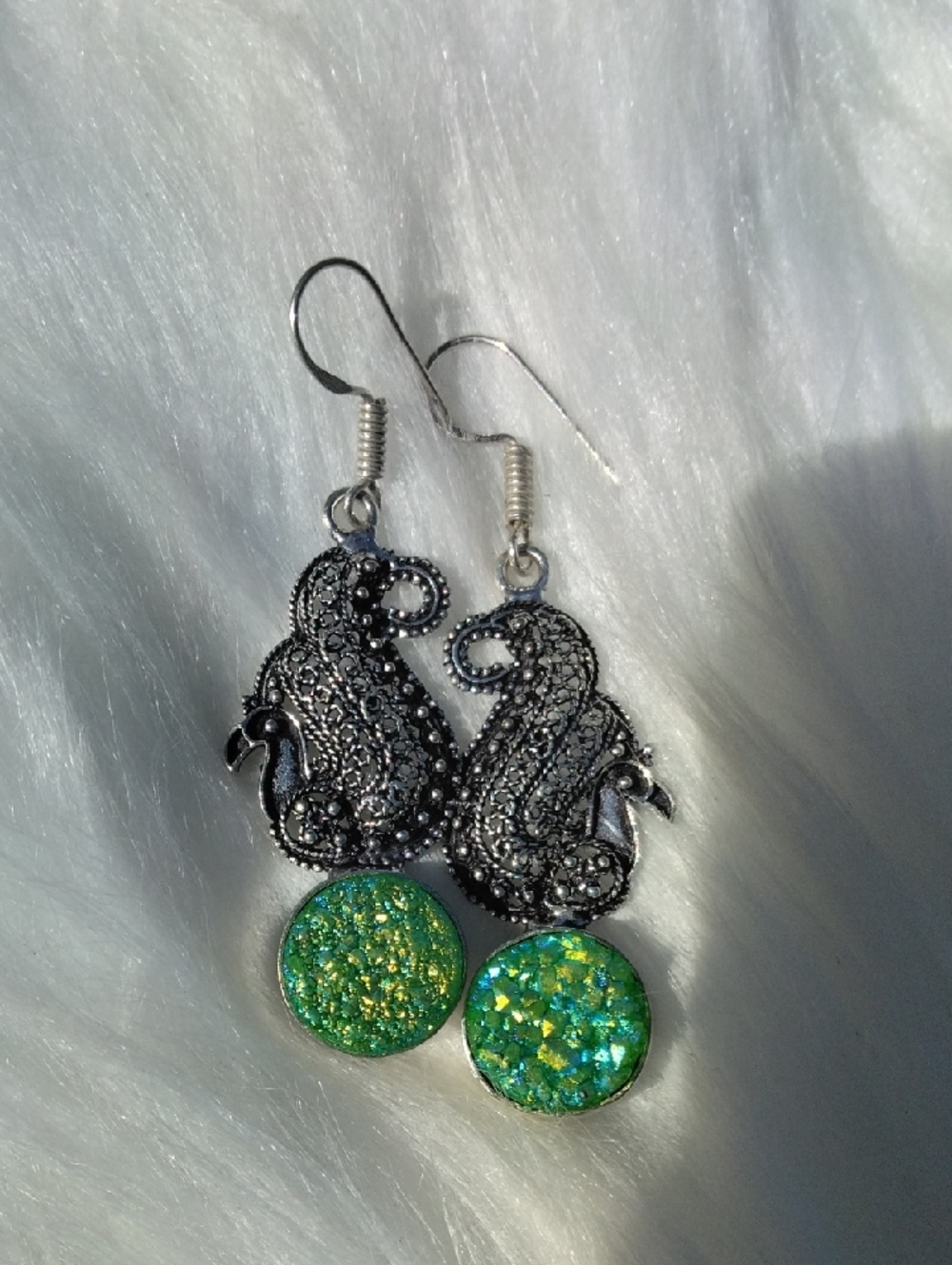 Green Titanium Druzy Peacock Silver Plated Gemstone Earrings